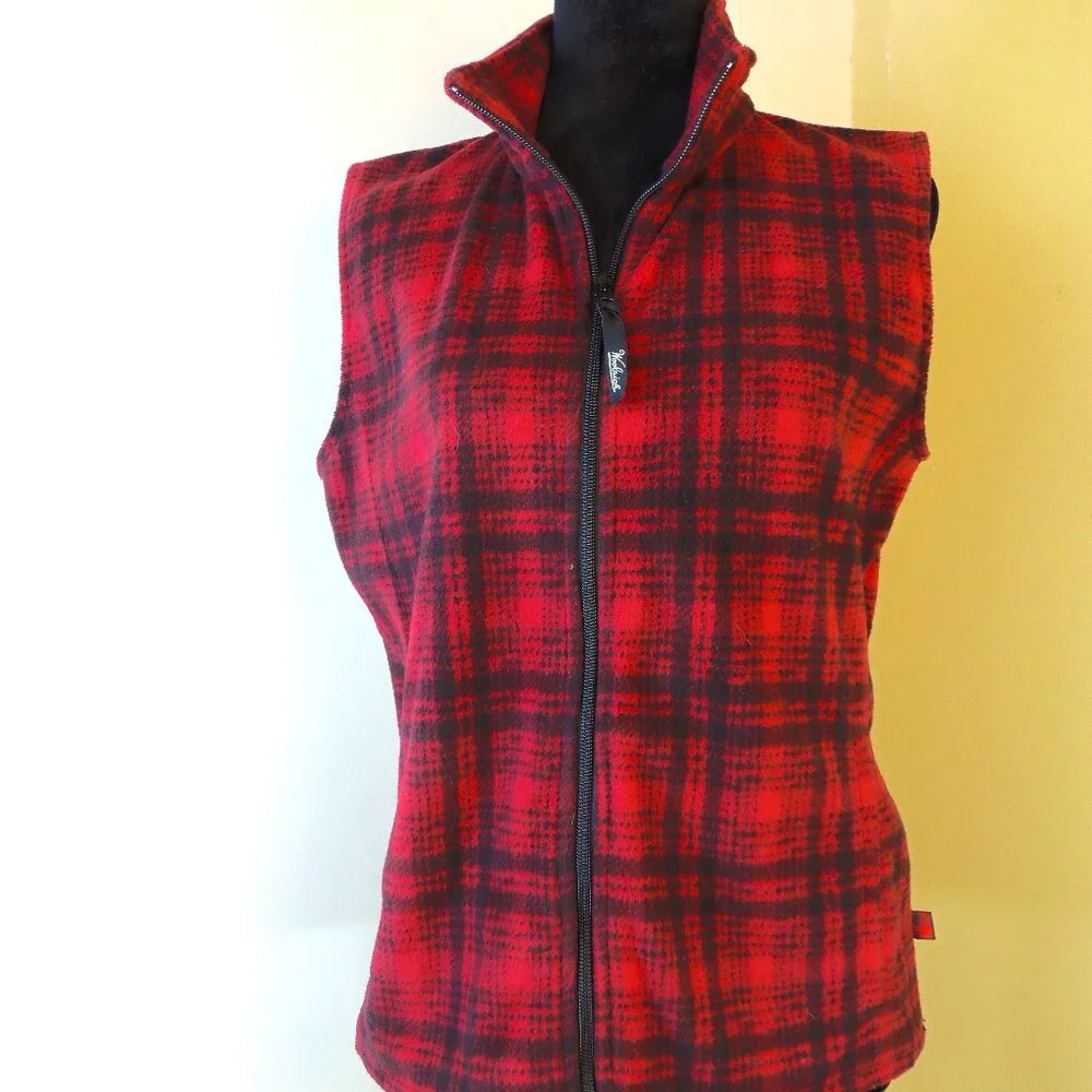 Woolrich Fleece Vest‎ Womens M Red Black Hunt Plaid Outdoor Lightweight Warm